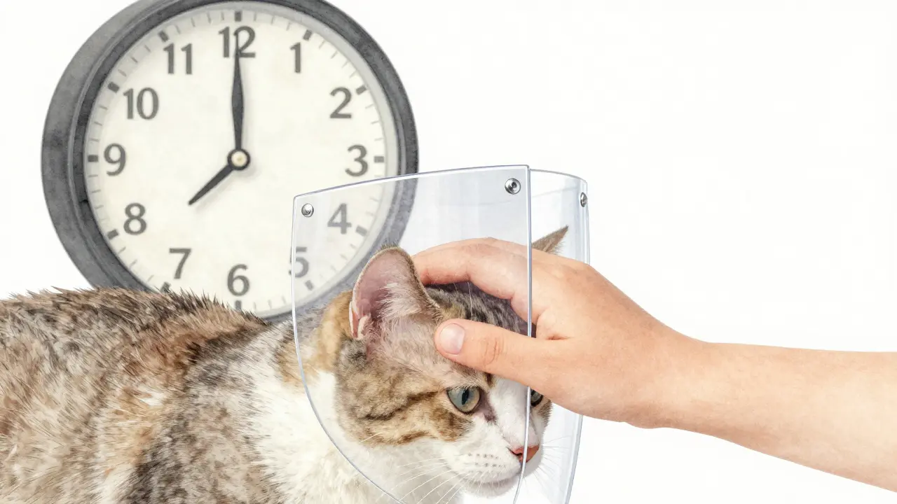 Dítě hladí kočku, ochraňovanou symbolickými štíty antiparazitárních prostředků, v pozadí hodiny jako připomenutí prevence.