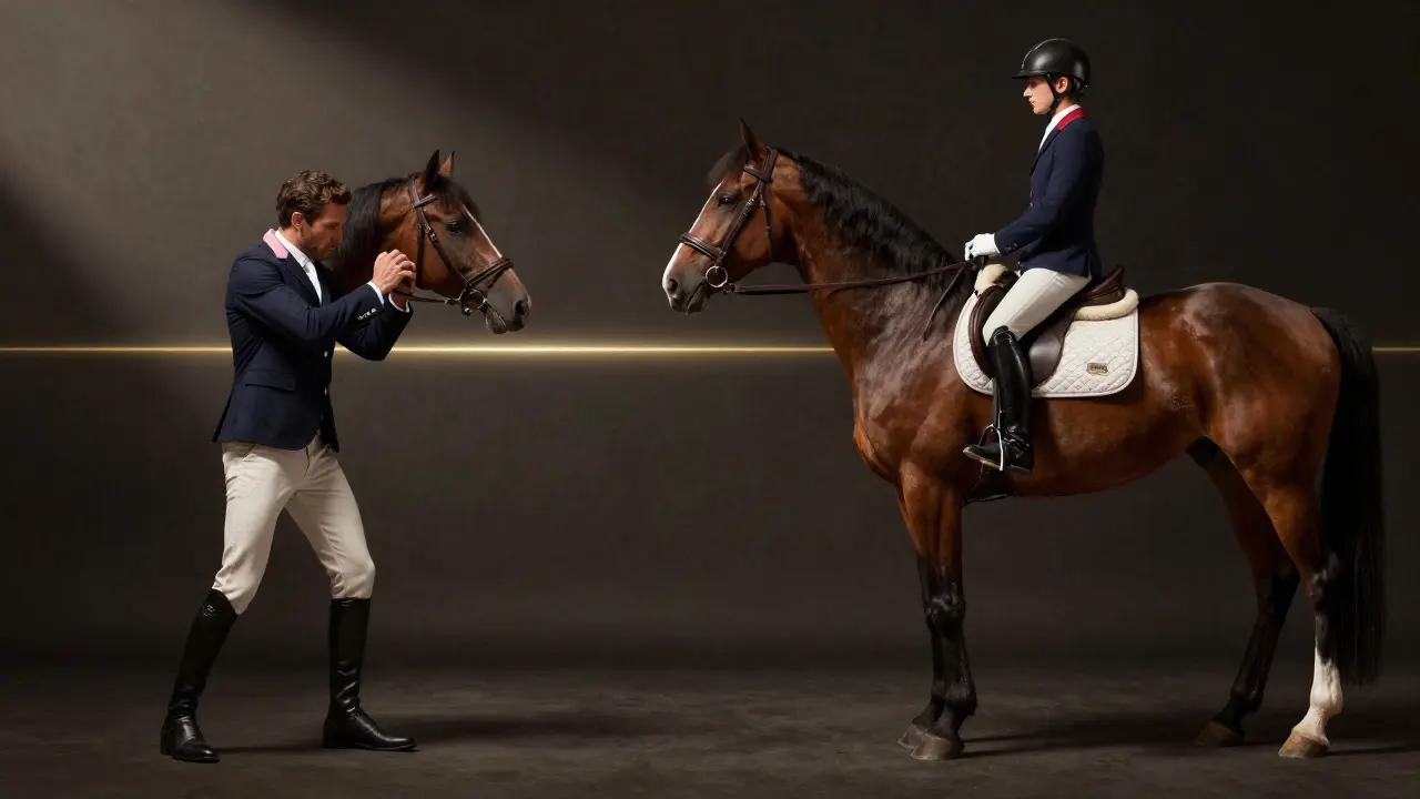 Dvě postavy: jedna špatně postavená s neklidným koněm, druhá správně postavená s klidným koněm, znázorňující bezpečnou vs. nebezpečnou pozici.