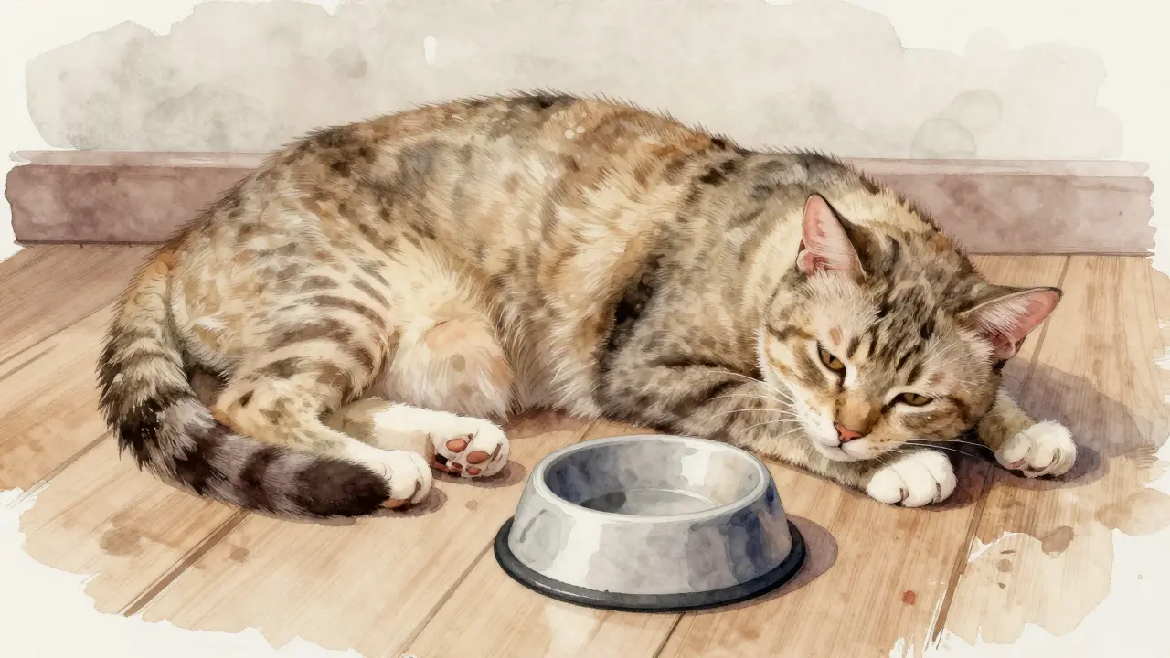 Hubnoucí kočka leží, nezajímá se o jídlo.