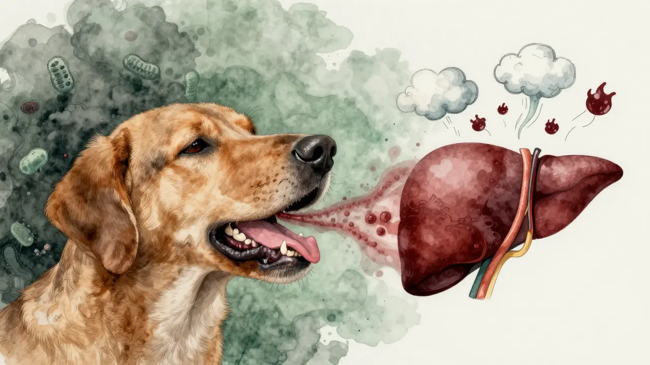 Ilustrace psího úst s ukrytými příčinami zápachu: zubní kámen, poškozené ledviny a játra.