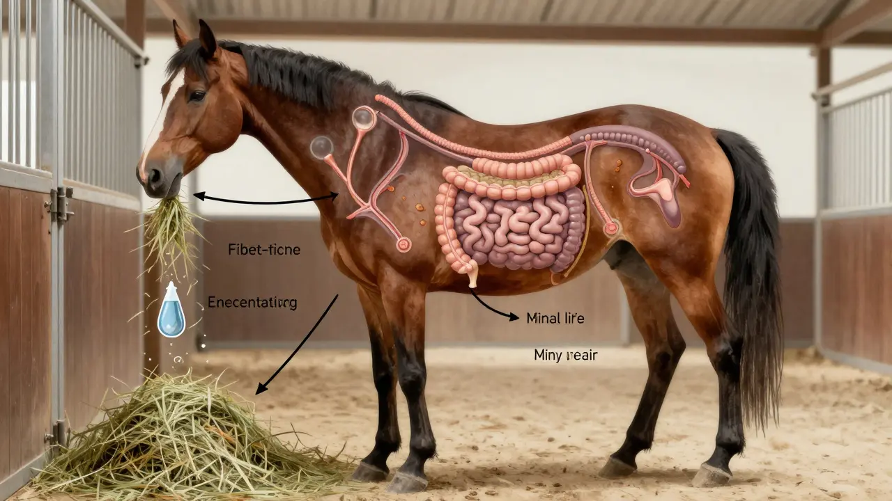 Ilustrace trávicího systému koně s důrazem na vlákninu
