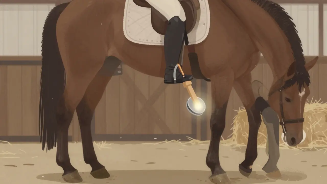 Jezdec klidně čistí kopyto koně z boku, tělo v rovině boku zvířete, kůň je klidný a spolupracující.