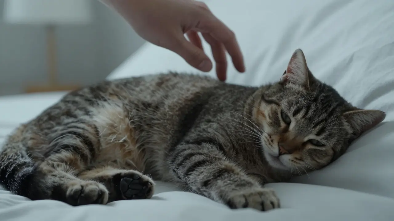 Kočka leží na břiši s napjatým tělem, znaky nepohodlí, ruka člověka se neohodlají dotknout.