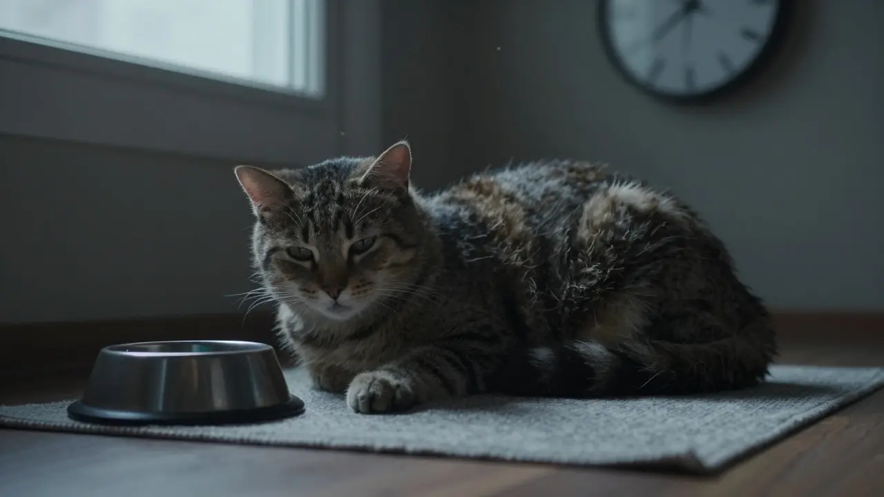 Kočka leží nehybně na podlaze vedle prázdného mísa, atmosféra plná tichého znění neklidu.