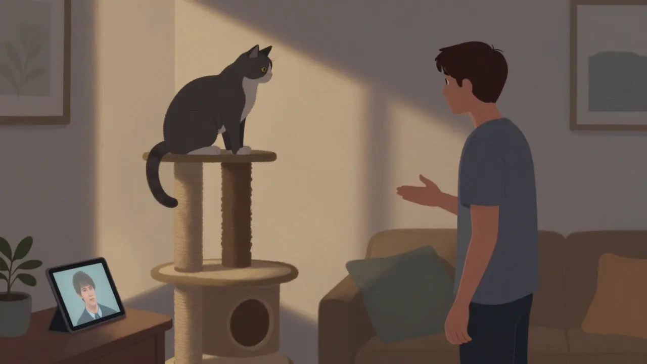 Kočka pozoruje cizího člověka z výšky kočičího stromu, tělo napjaté, ale člověk se nehybí.