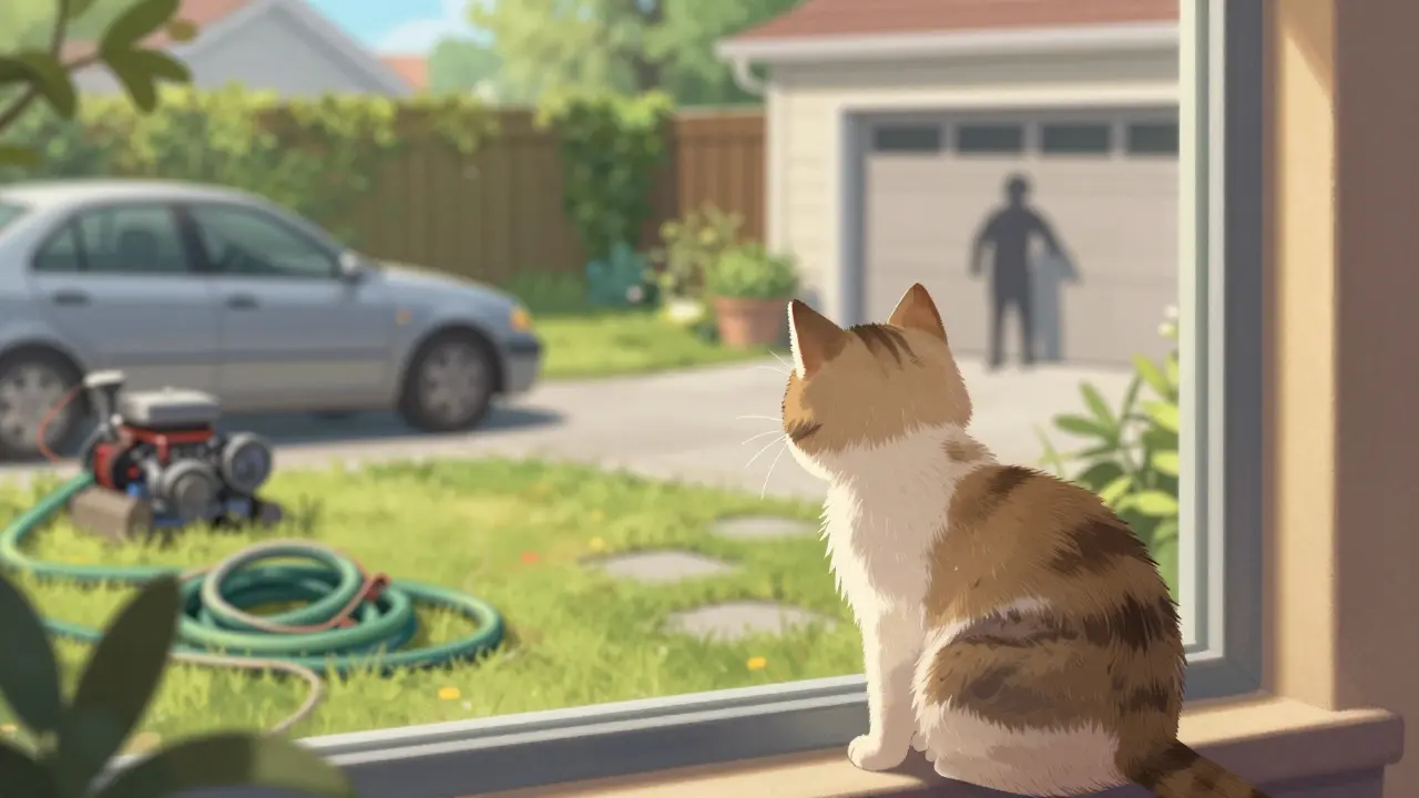 Kočka se dívá z okna na nebezpečná venkovní prostředí s provazy a autem.