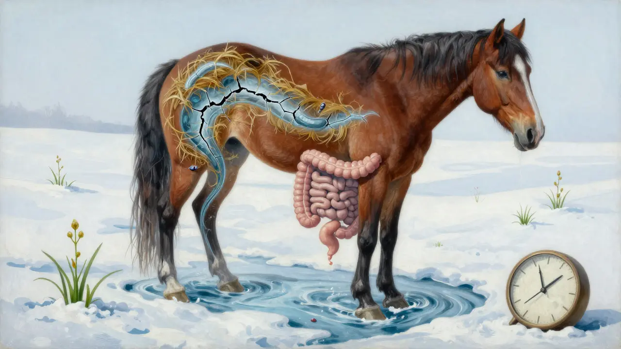 Koncev trávicího systému koně jako zamrznutý řekou s parazity a sezónními značkami.