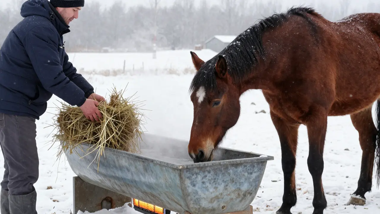 Kůň pije teplou vodu v zimě při podávání sena