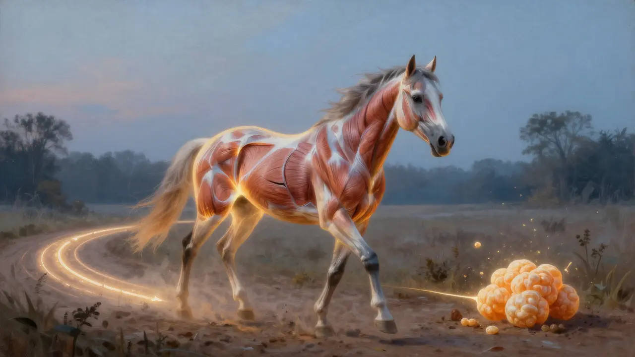 Kůň trochu běží, ukazující rozdíl mezi zdravým a narušeným přeměnou energie ve svalích.