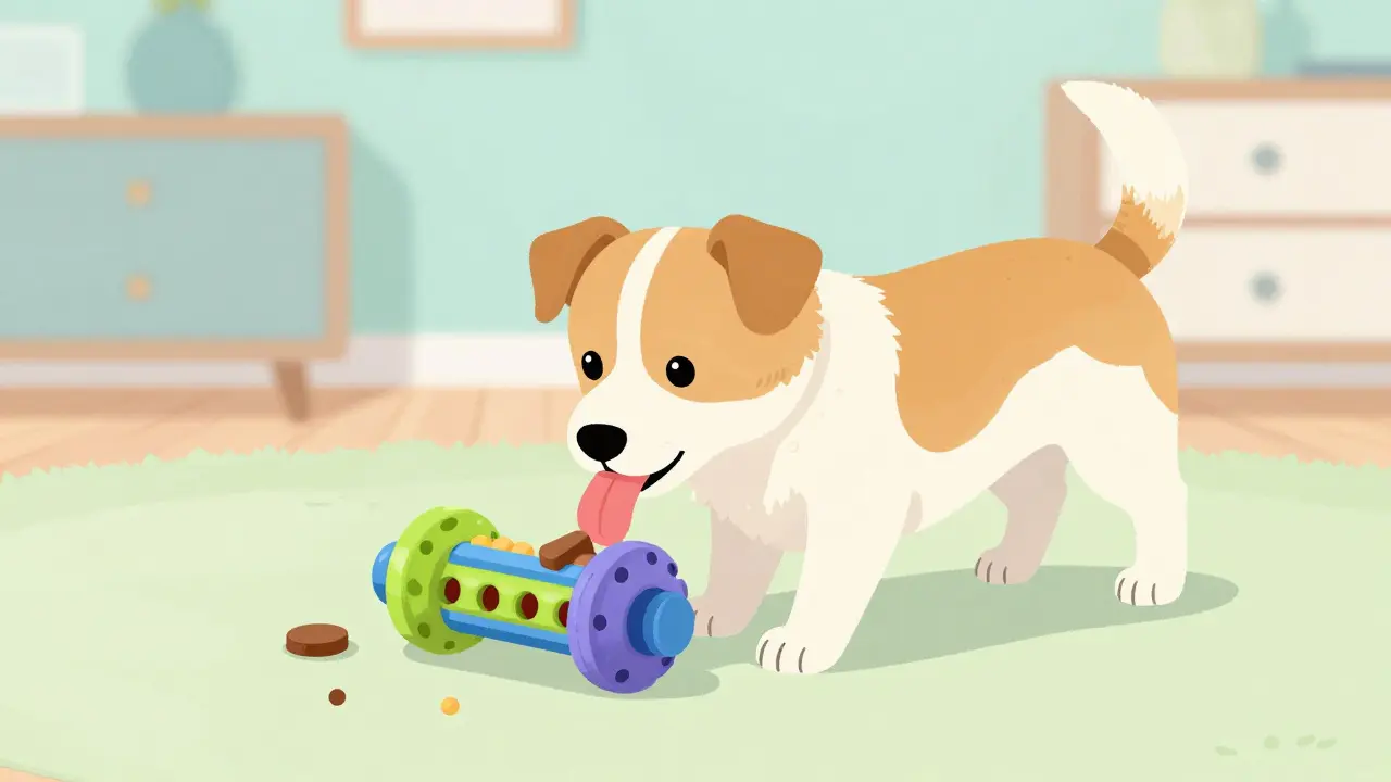 Pes hraje s hračkou s potravinami pro mentální stimulaci.