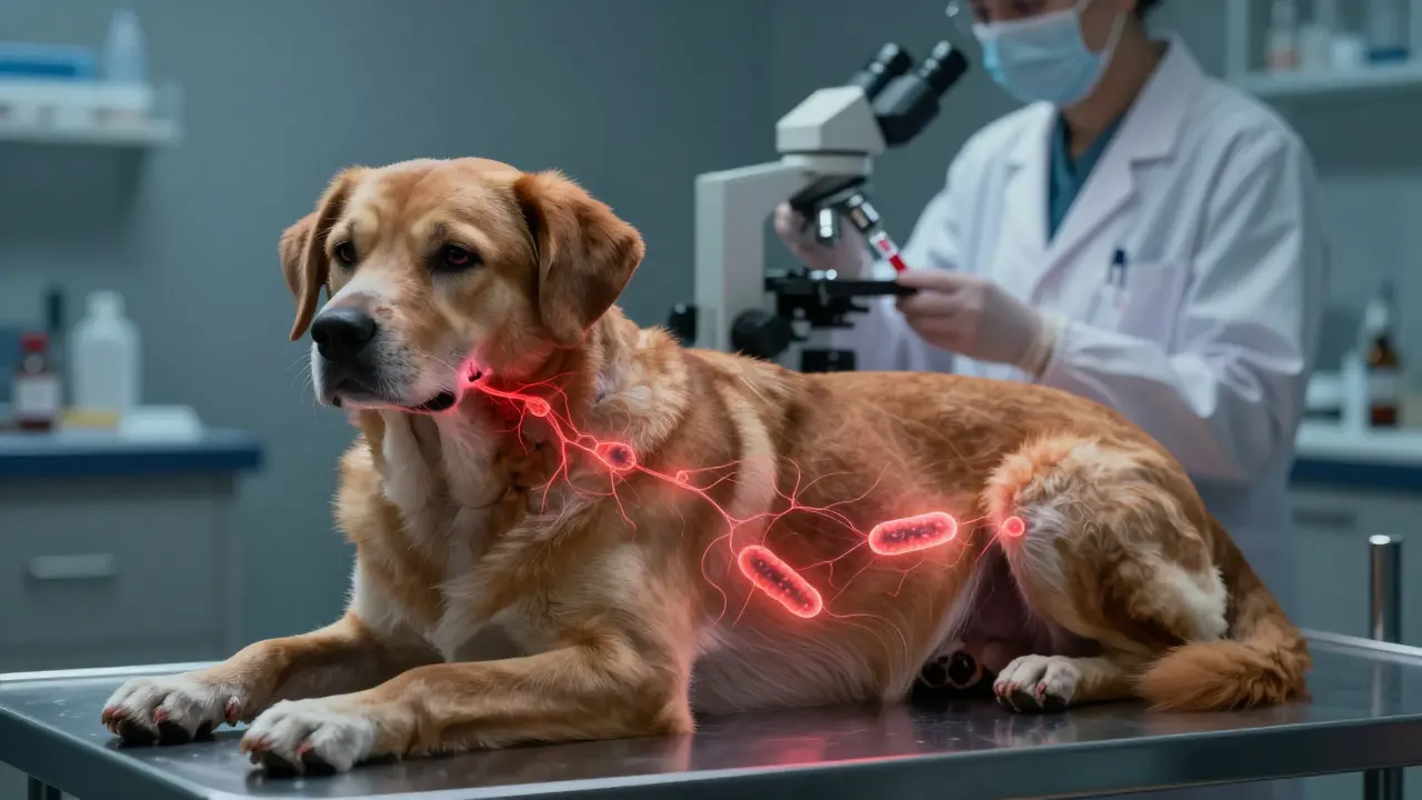 Pes v veterinární klinice s mírně zvětšenými lymfatickými uzlinami a subtilním zářením bakterií pod kůží.