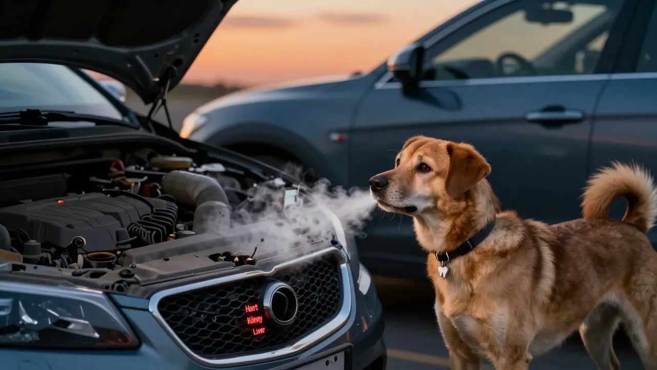 Pes vedle auta s varovnými světly, kde jeho dech symbolizuje zdravotní rizika pro tělo.
