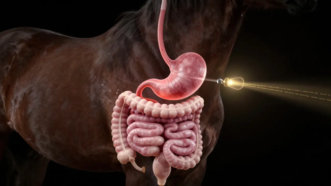 Přehled vnitřních orgánů koně s zakroucenými střevy jako symbol koliky.