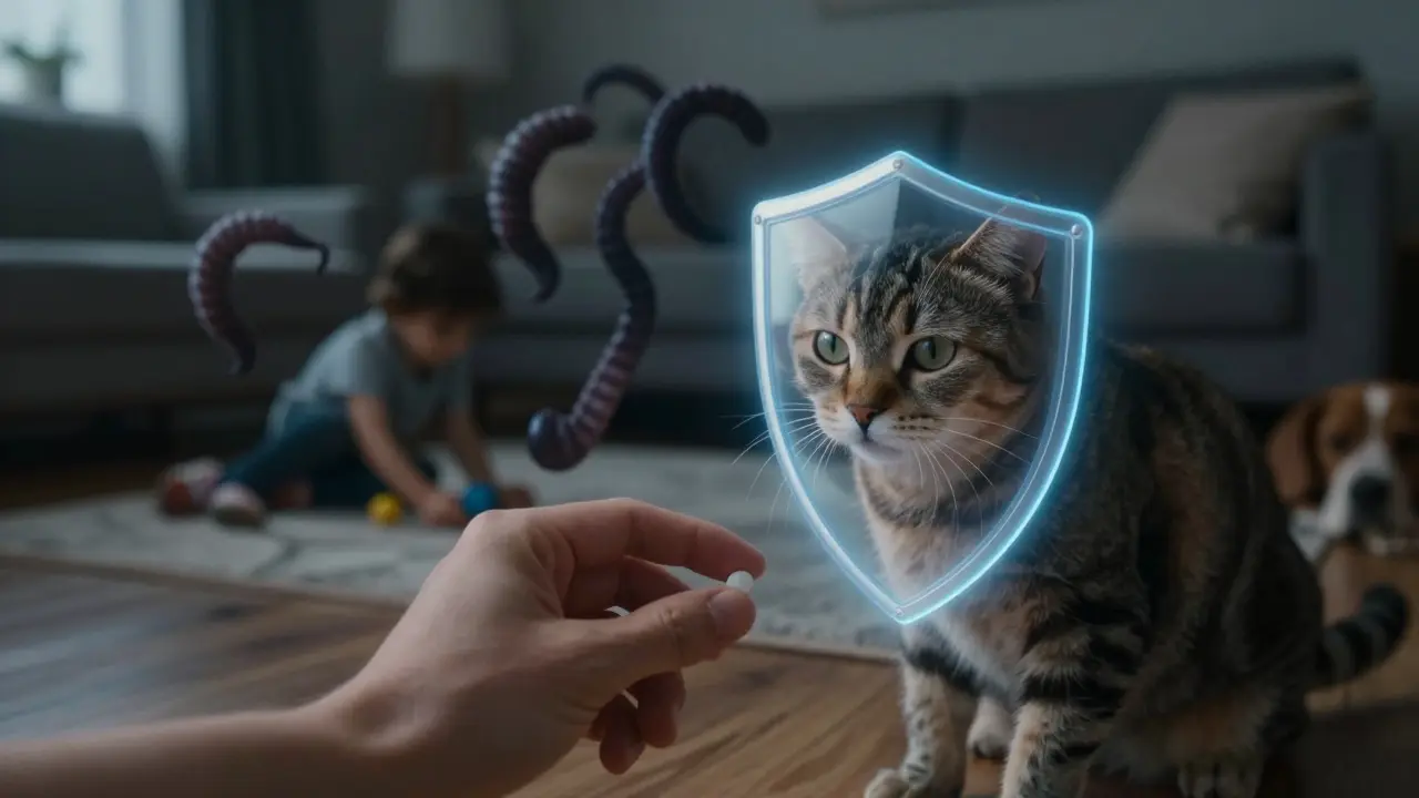 Ruka podává tabletku kočce, zatímco červi utíkají, ochraňující štít je vidět kolem kočky.