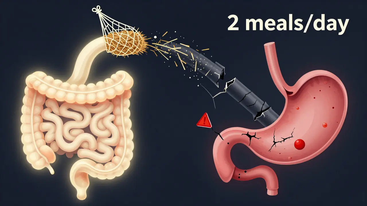 Schematický výřez trávicího traktu koně s průběhem vlákniny a poškozením při jen dvou krmeních denně.