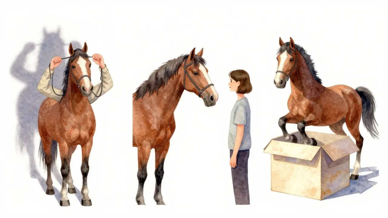 Tři scény ukazující, jak kůň přechází od strachu k důvěře při vstupu do boxu.