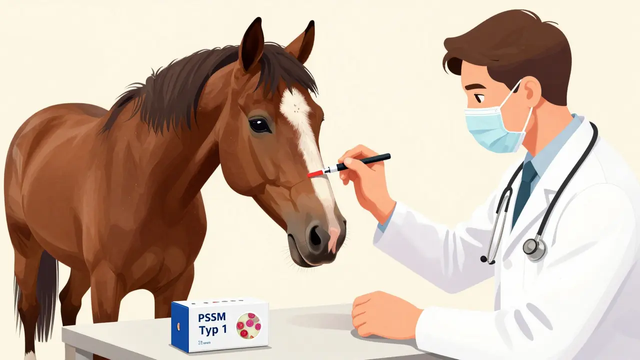 Veterinář bere krev pro genetický test PSSM typ 1 u koně Percheron.