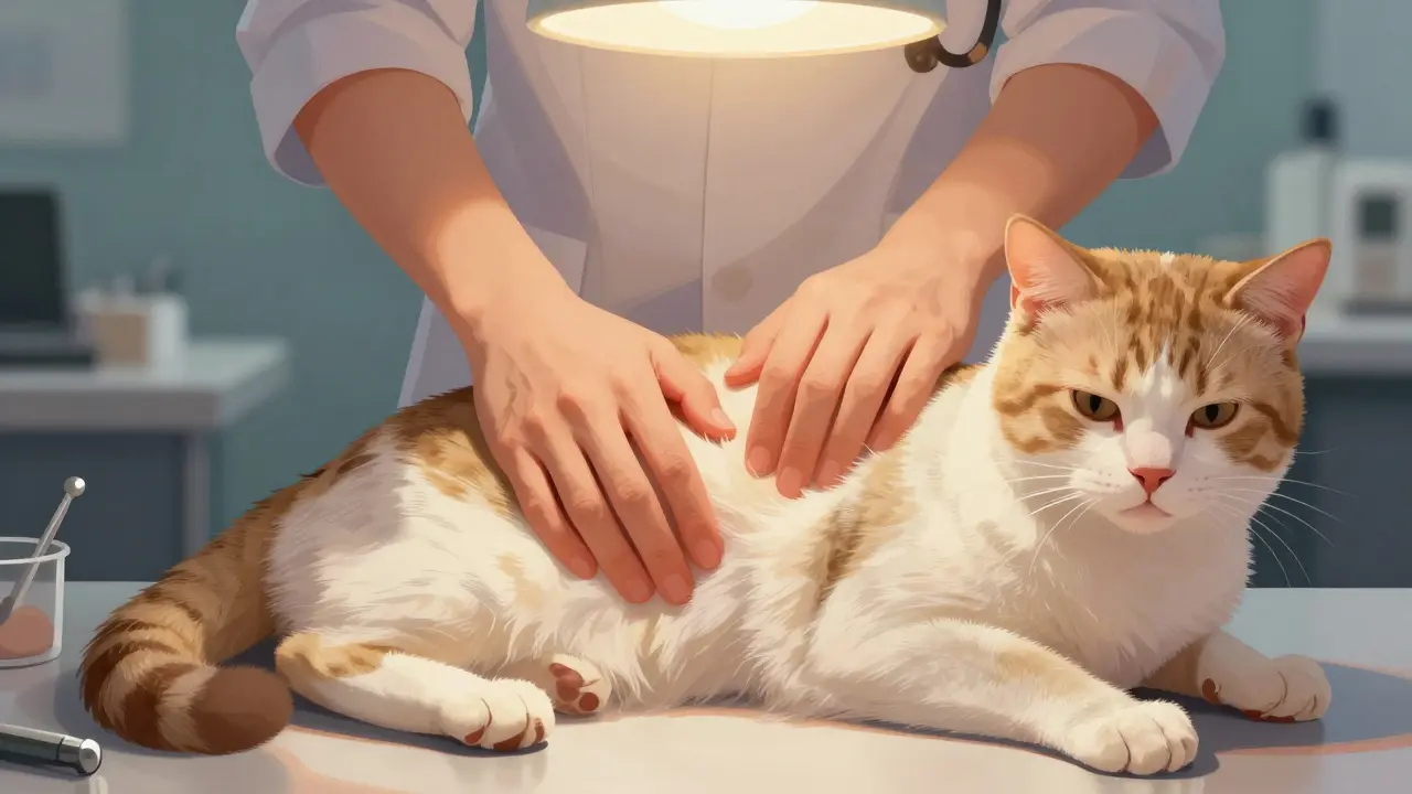 Veterinář jemně prohledává břicho nemocné kočky během vyšetření v klinice.