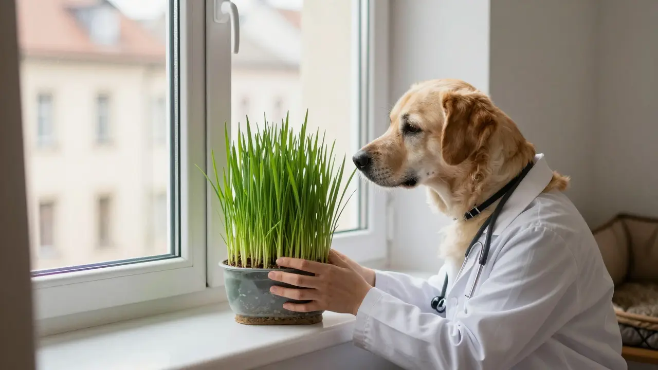 Veterinář klade květináč s psí trávou vedle psí postele v domácnosti.