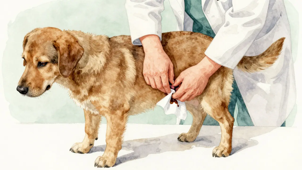 Veterinář opatrně vyšetřuje analní žlázy psa v klinice.