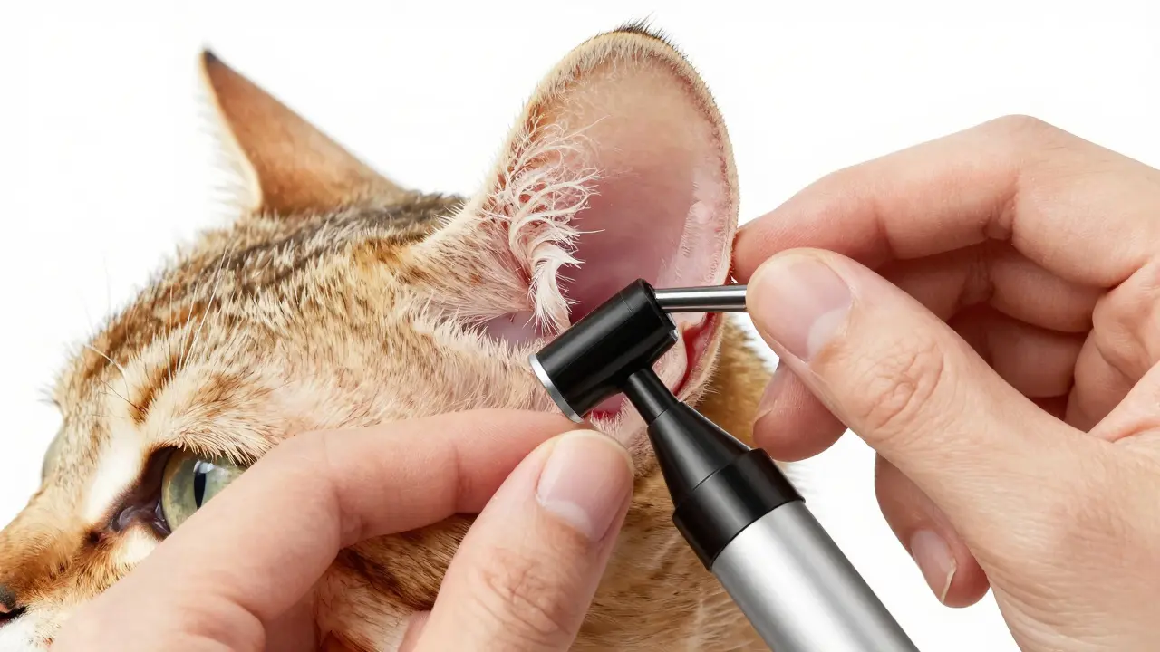 Veterinář prohledává ucho kočky otoskopem