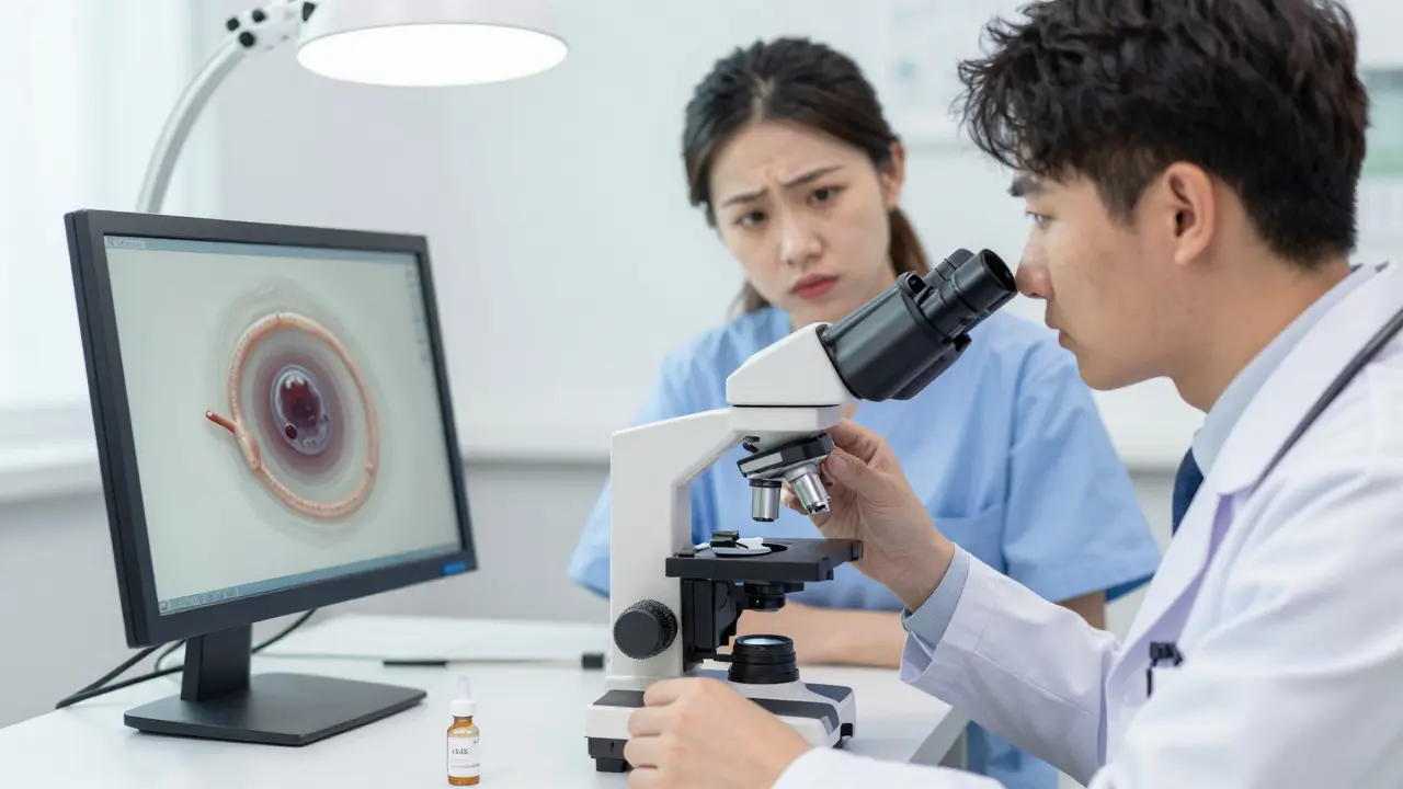 Veterinář prohlíží vzorek výkalů pod mikroskopem, majitel sleduje s úzkostí.