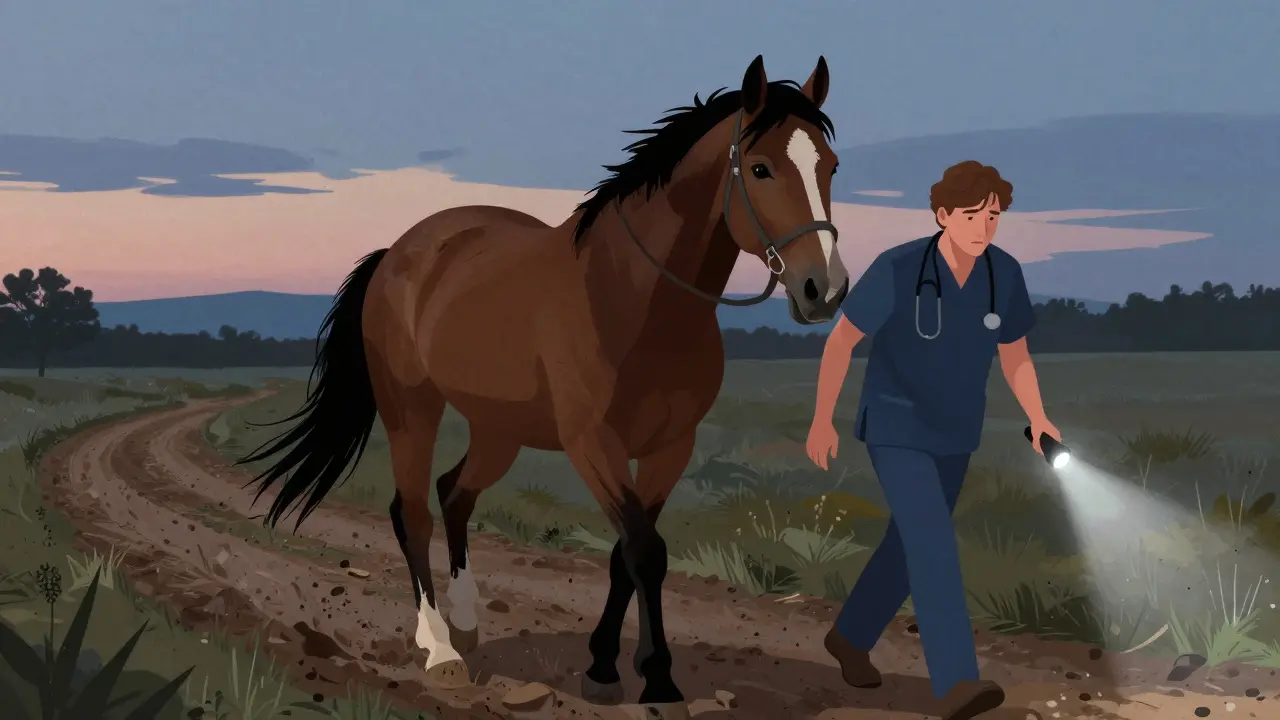 Veterinář vede koně pomalu po cestě v soumraku, majitel následuje s baterkou.