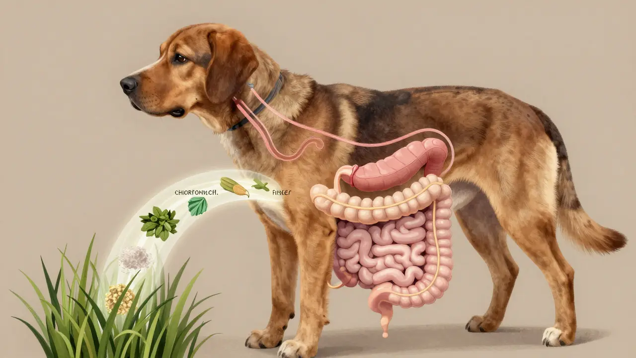 Vizualizace výživných látek z trávy vstupujících do trávicího ústrojí psa.