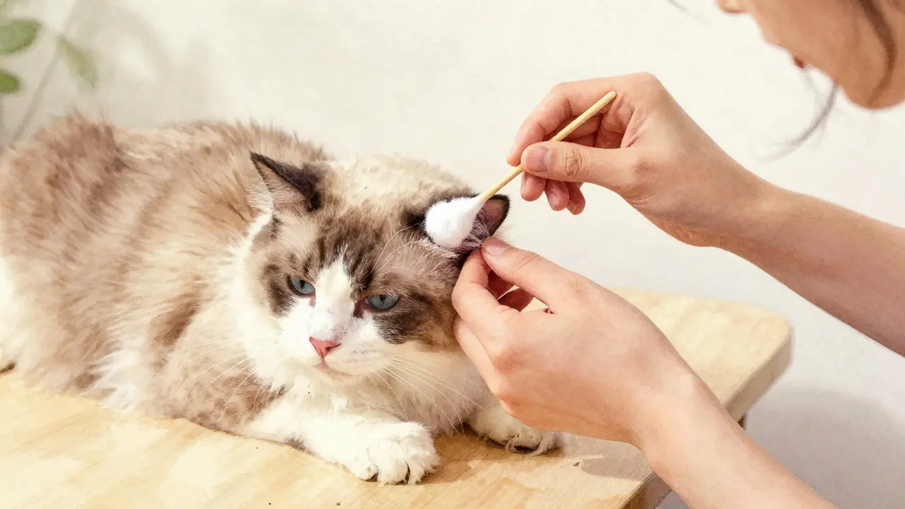 Vlastník čistí uši kočky vatou a roztokem