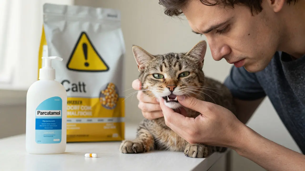 Vlastník kontroluje zuby kočky, vedle stojí lidové léky a nevhodné krmivo, symbolizující rizika.