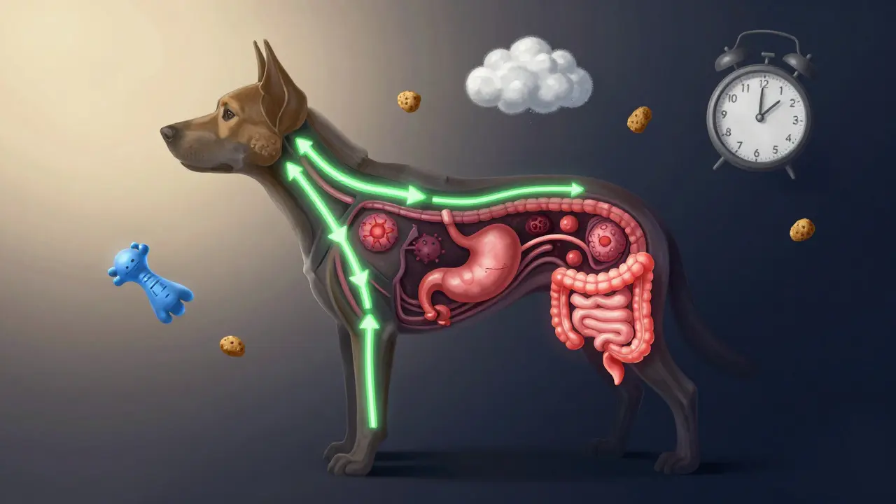 Vnitřní anatomy psa s poruchami trávení a symboly příčin zvracení.