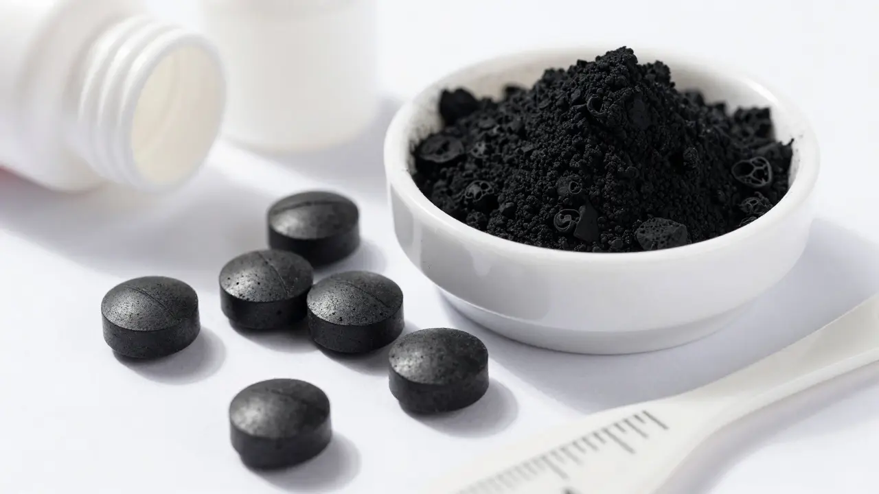 Černé aktivní uhlí v tabletách a prášku pro dávkování psům