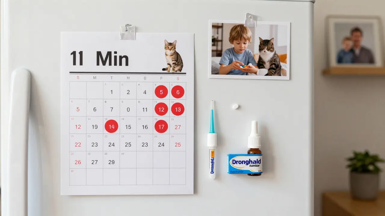 Kalendář s označenými daty odčervování koťátka a léky na odčervování.