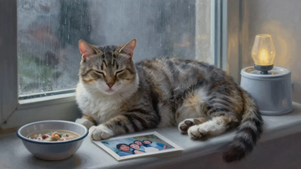Kočka klidně leží u okna, vedle ní nádoba s tekutým krmivem a vodní fontána.