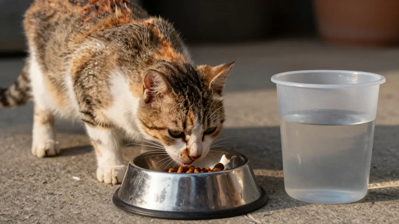 Kočka pomalu pije z vodní misky, zatímco druhá je skoro prázdná.
