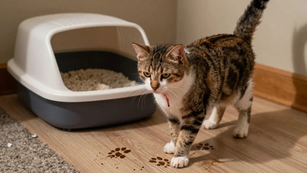 Kočka se nechce močit do písku, na podlaze jsou stopy krve.