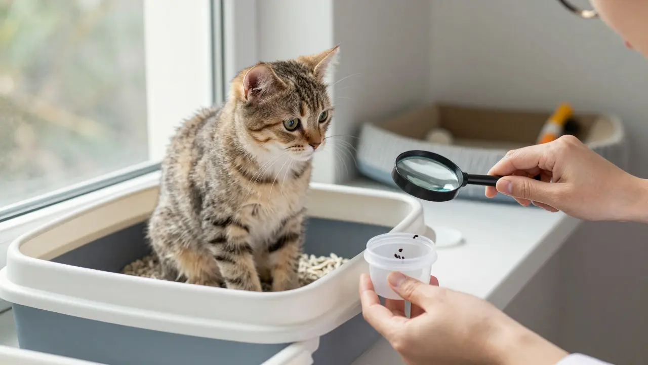 Koťátko s naběhlým bříškem a viditelné úseky červů ve stolici.