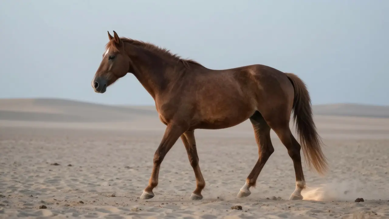 Kůň pomalu chodí po měkkém povrchu na ranním světle.