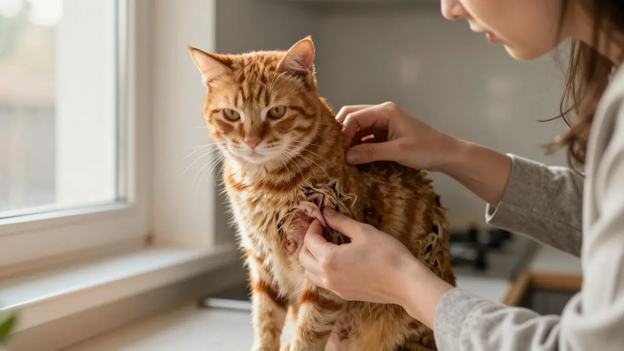 Majitel kontroluje matnou srst kočky u okna