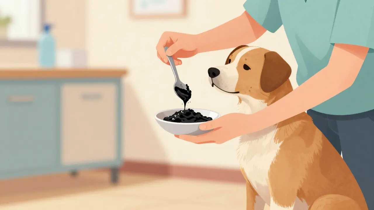 Míchání uhlí s vodou do pasty pro bezpečné podání psu