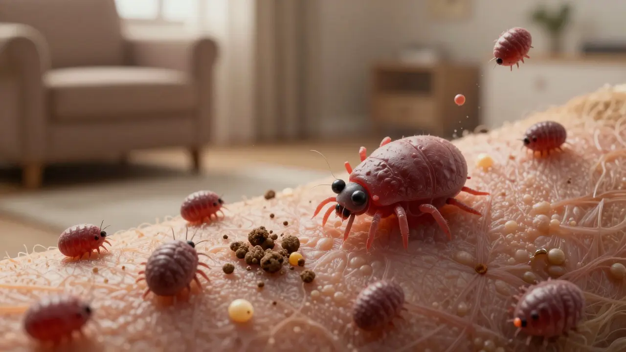 Mikroskopický pohled na parazity Notoedres cati pod kůží kočky, s vajíčky a exkrementy, v prostředí domácnosti.