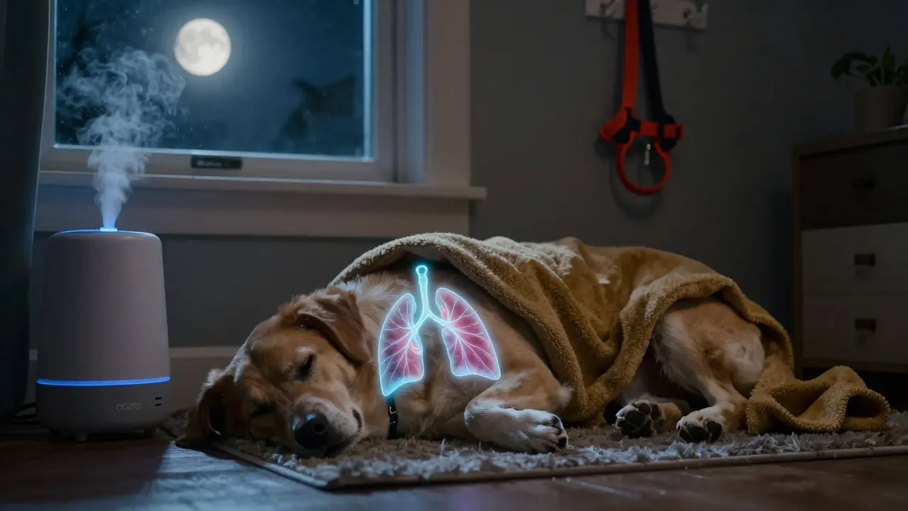 Pes klidně spí v noci, s jemným zářivým obrazem tekutiny v plicích, symbolizující srdeční příčinu kašle.