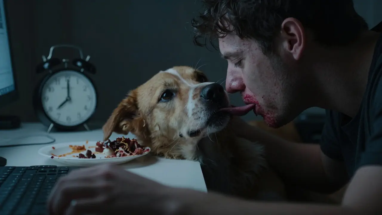 Pes neustále lizuje obličej majitele, který se snaží pracovat, značky červené kůže kolem úst a napjatý výraz.