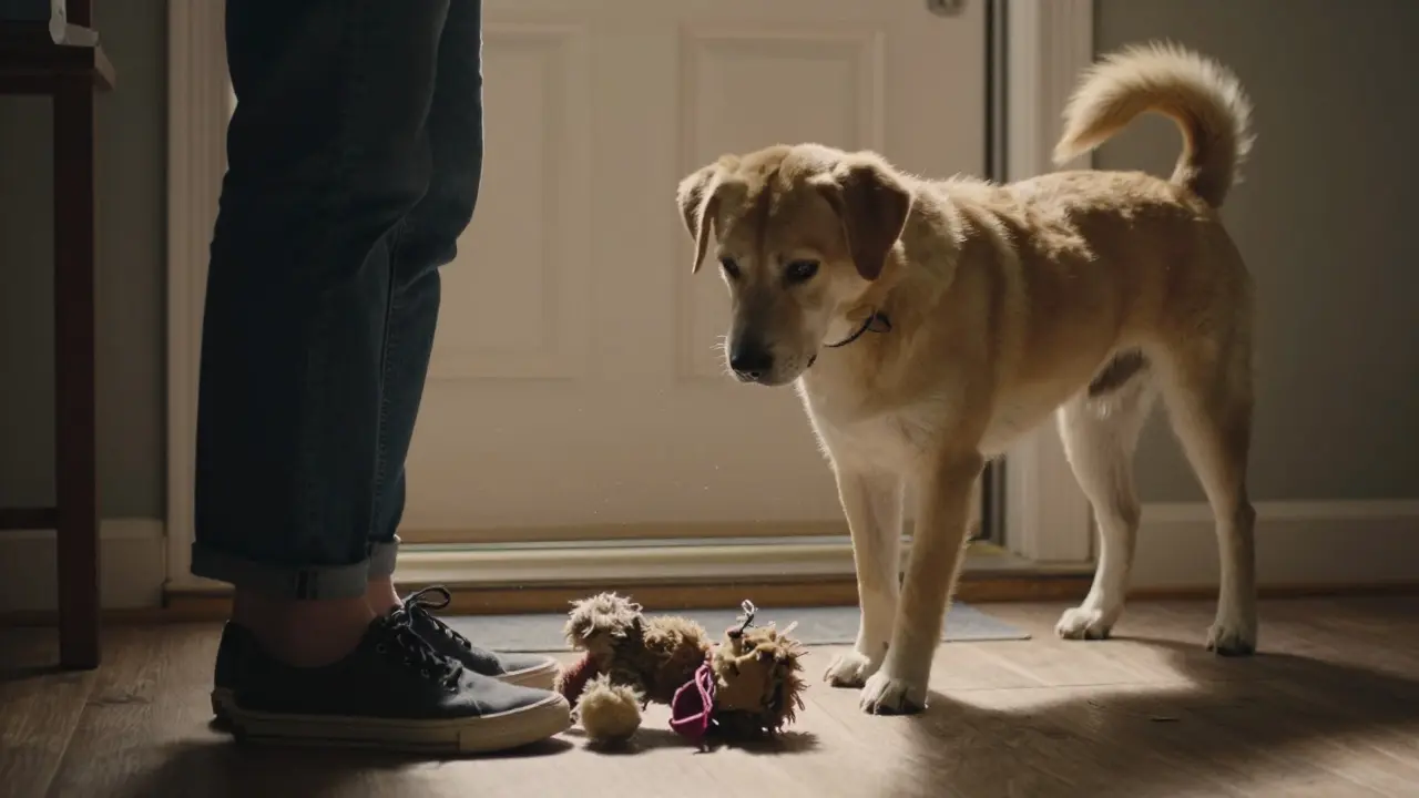Pes přináší svou opotřebovanou hračku k majiteli u dveří, ocas jemně třepete, bez nároku, jen s láskou.