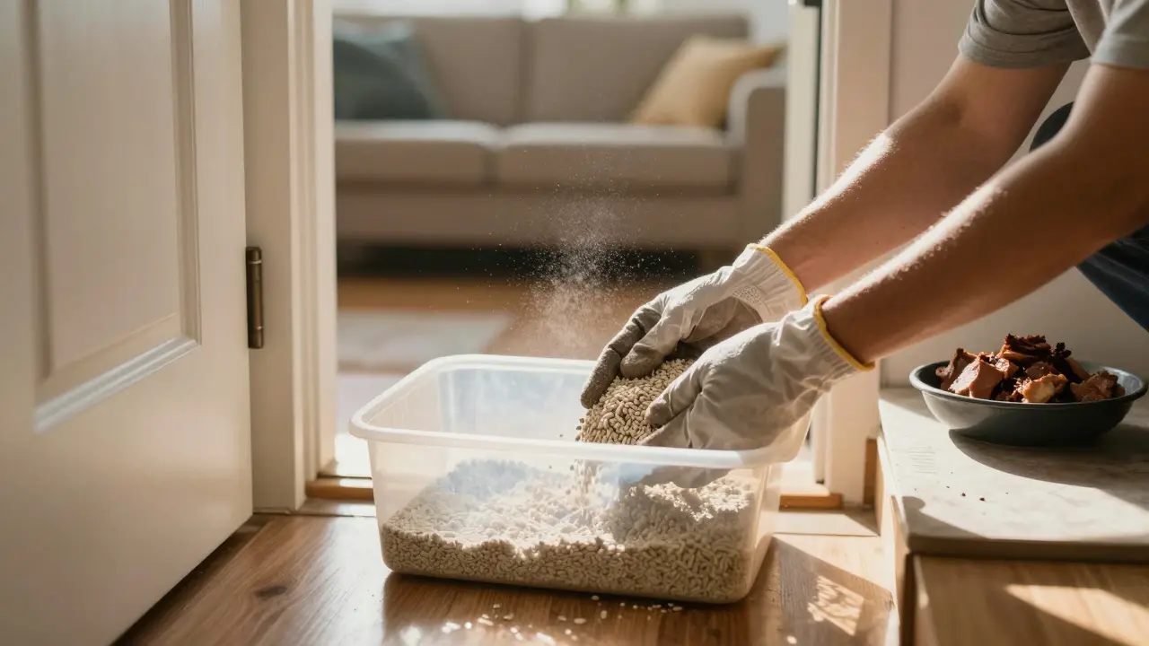 Ruce v rukavicích čistí kočičí klatku, na pozadí je bezpečně uložené uvařené maso.