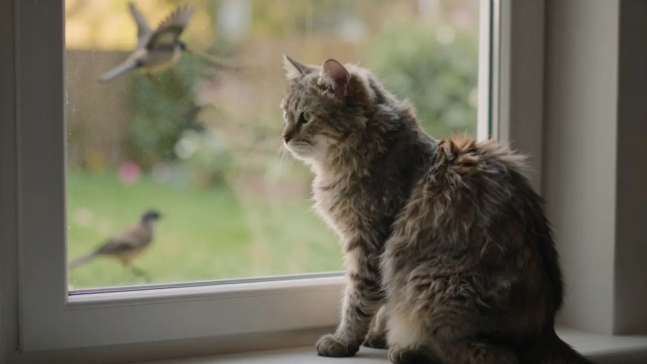 Stará kočka na okně s neupravenou srstí a příznaky bolesti.