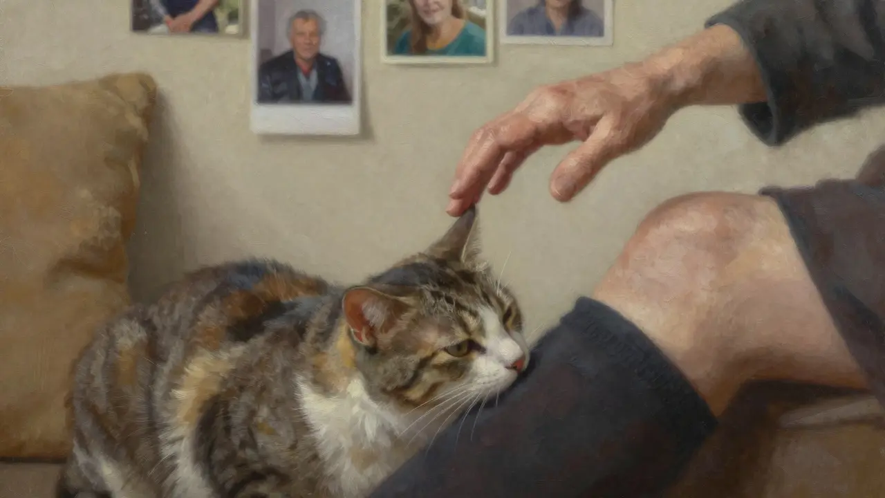 Stará kočka se tře o nohu návštěvníka, který se vrátil po dlouhé době.