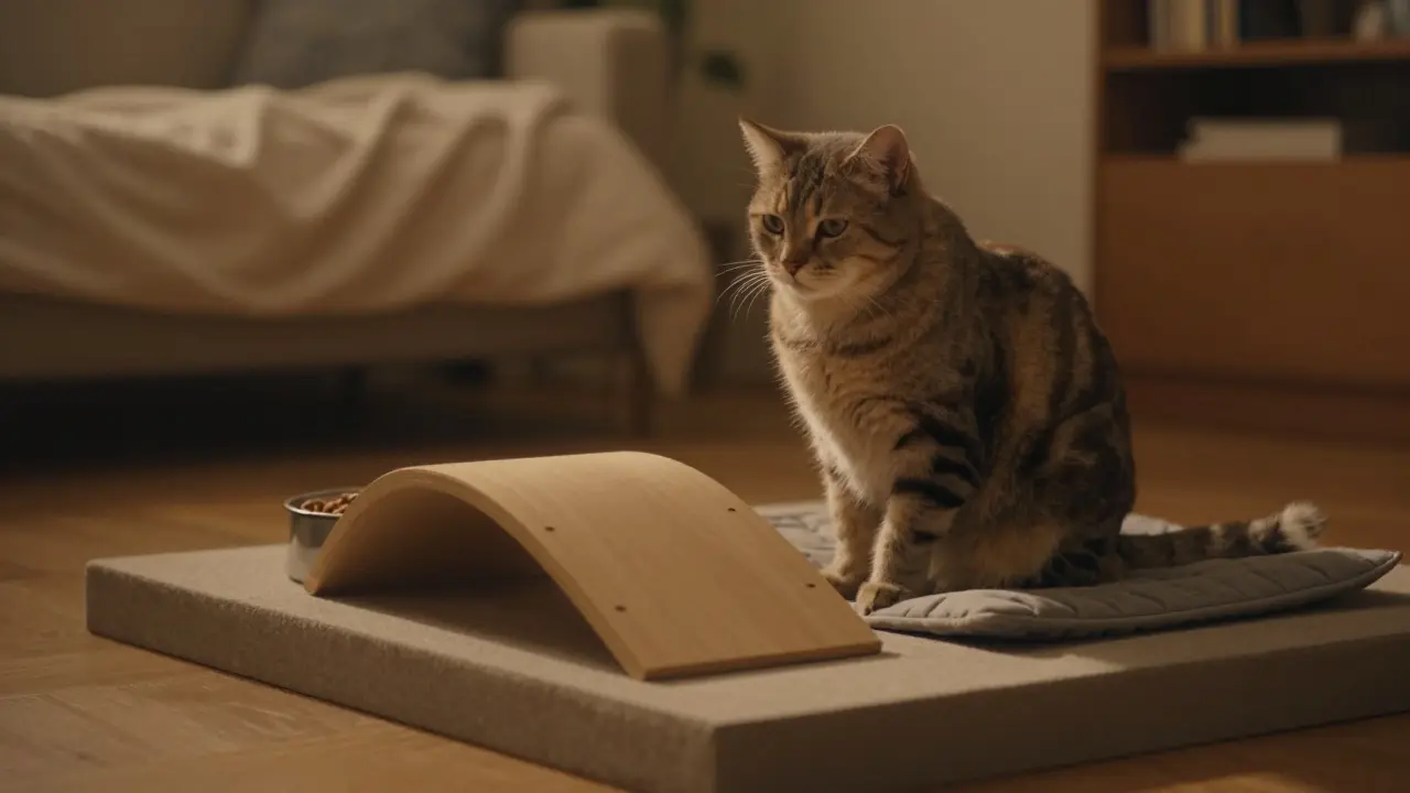 Starší kočka sedí na zvýšené podložce s teplou podložkou a rampou pro snazší přístup.