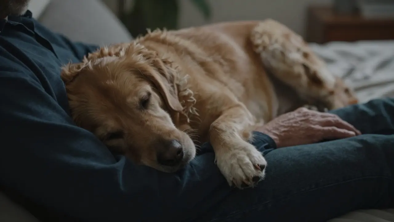 Starý pes spí na klíně svého majitele, jedna tlapa leží na jeho noze, znázorňuje důvěru a blízkost.