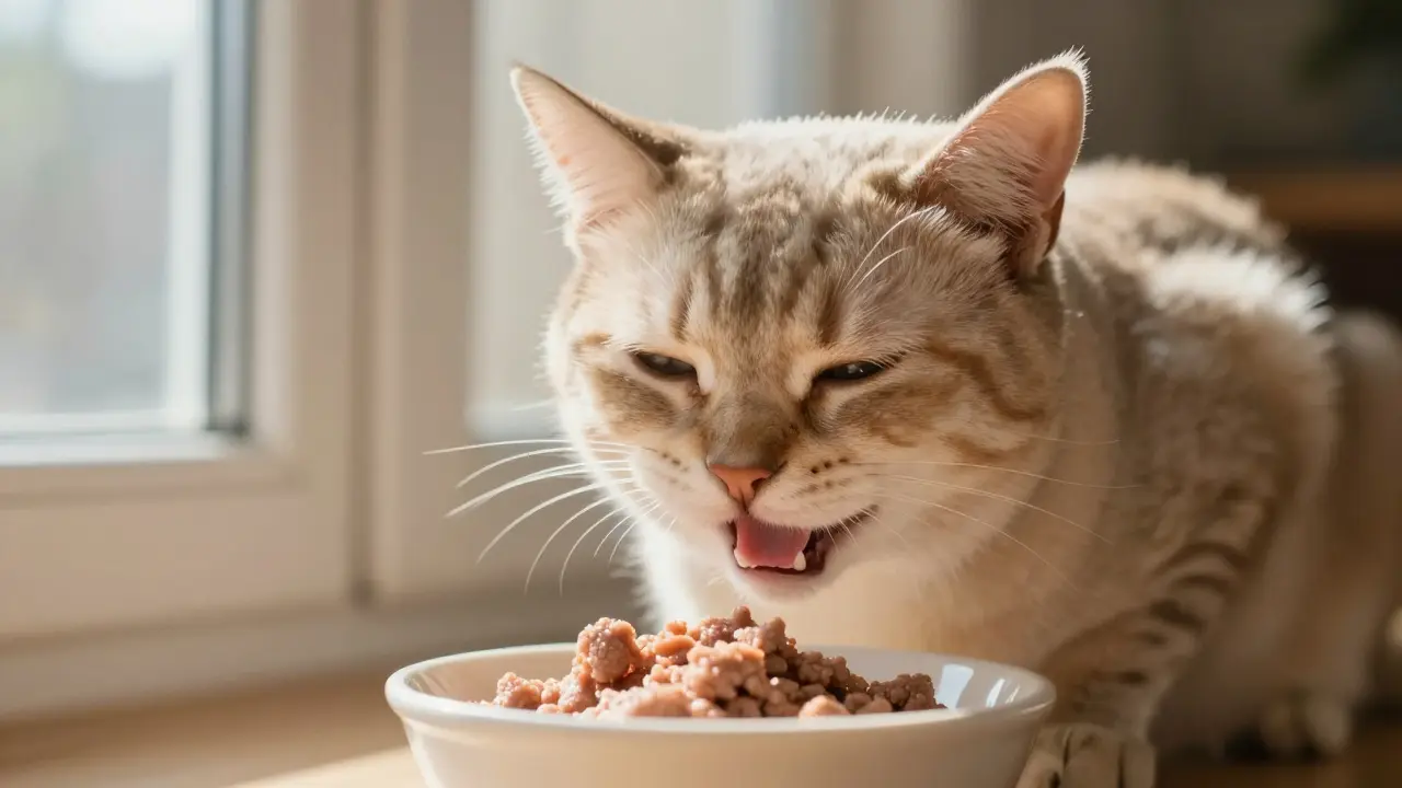 Šťastná kočka bez zubů jí měkké krmivo z mísy.